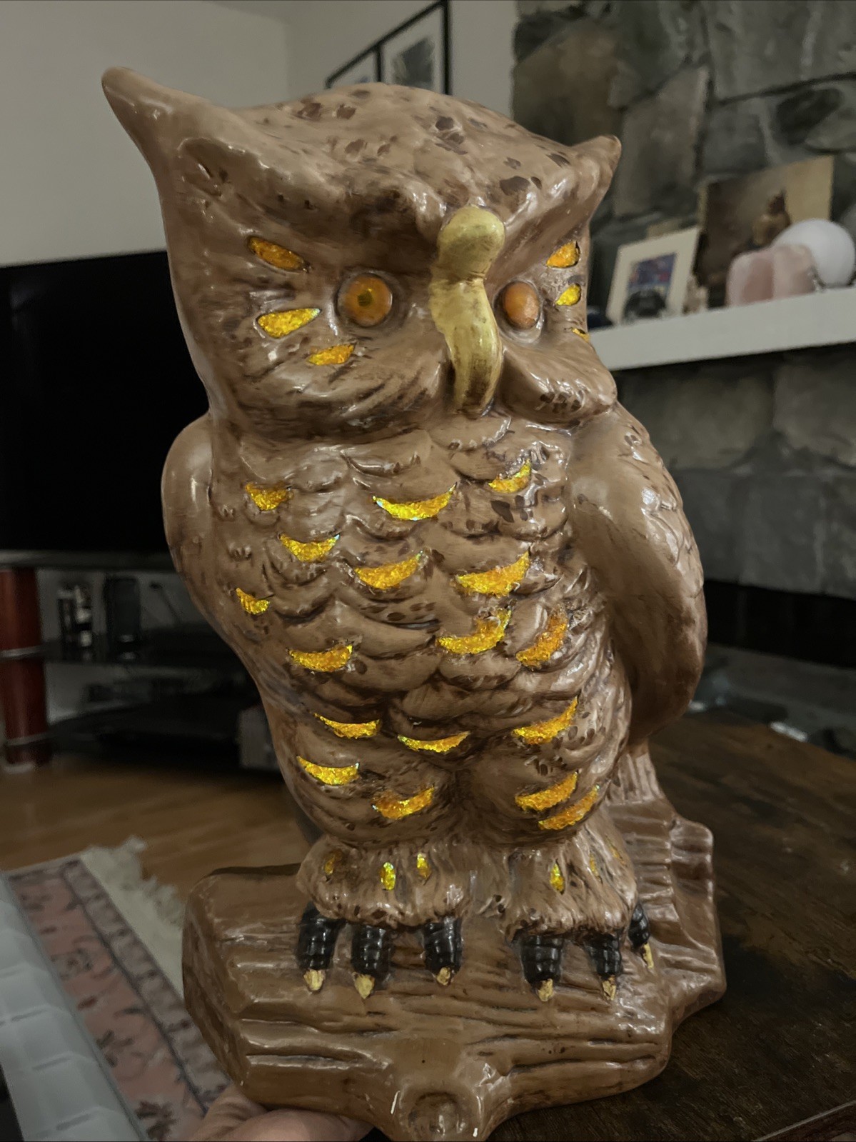 Large 14.5” Brown Ceramic Owl Figurine Amber Eyes Textured Feather Detail