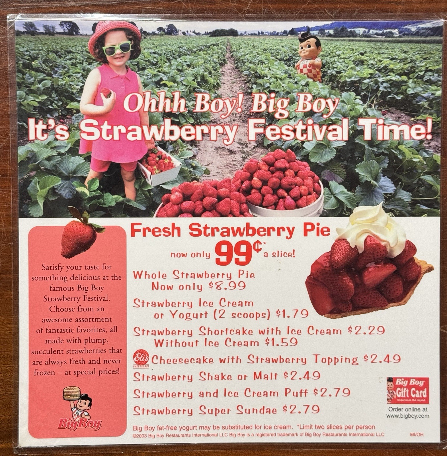 Big Boy Vintage Menu Insert Promoting The Strawberry Festival/Soup And Salad Bar