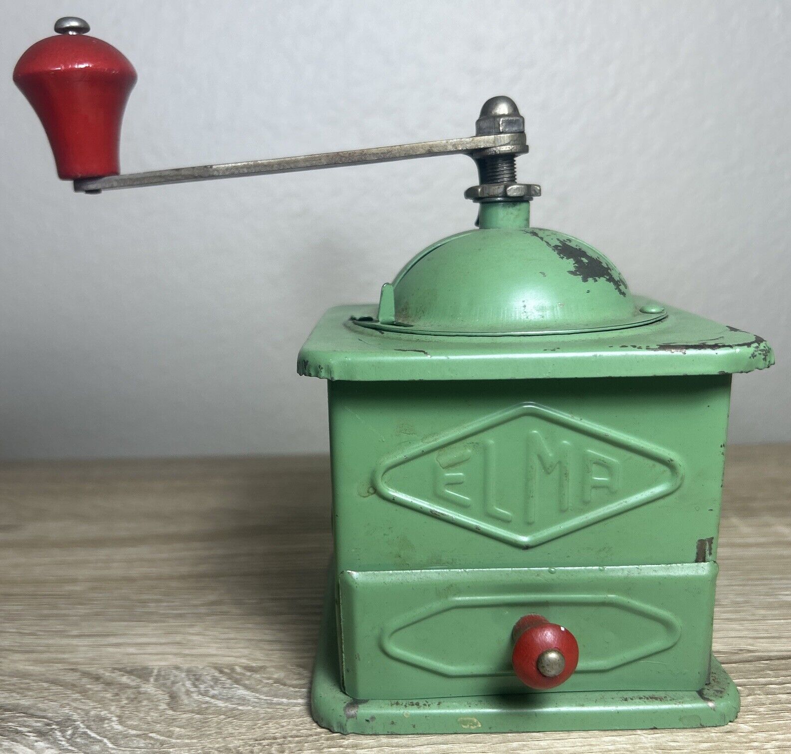 Antique Vintage ELMA Green Metal Coffee Grinder Great Working Condition. See Pic