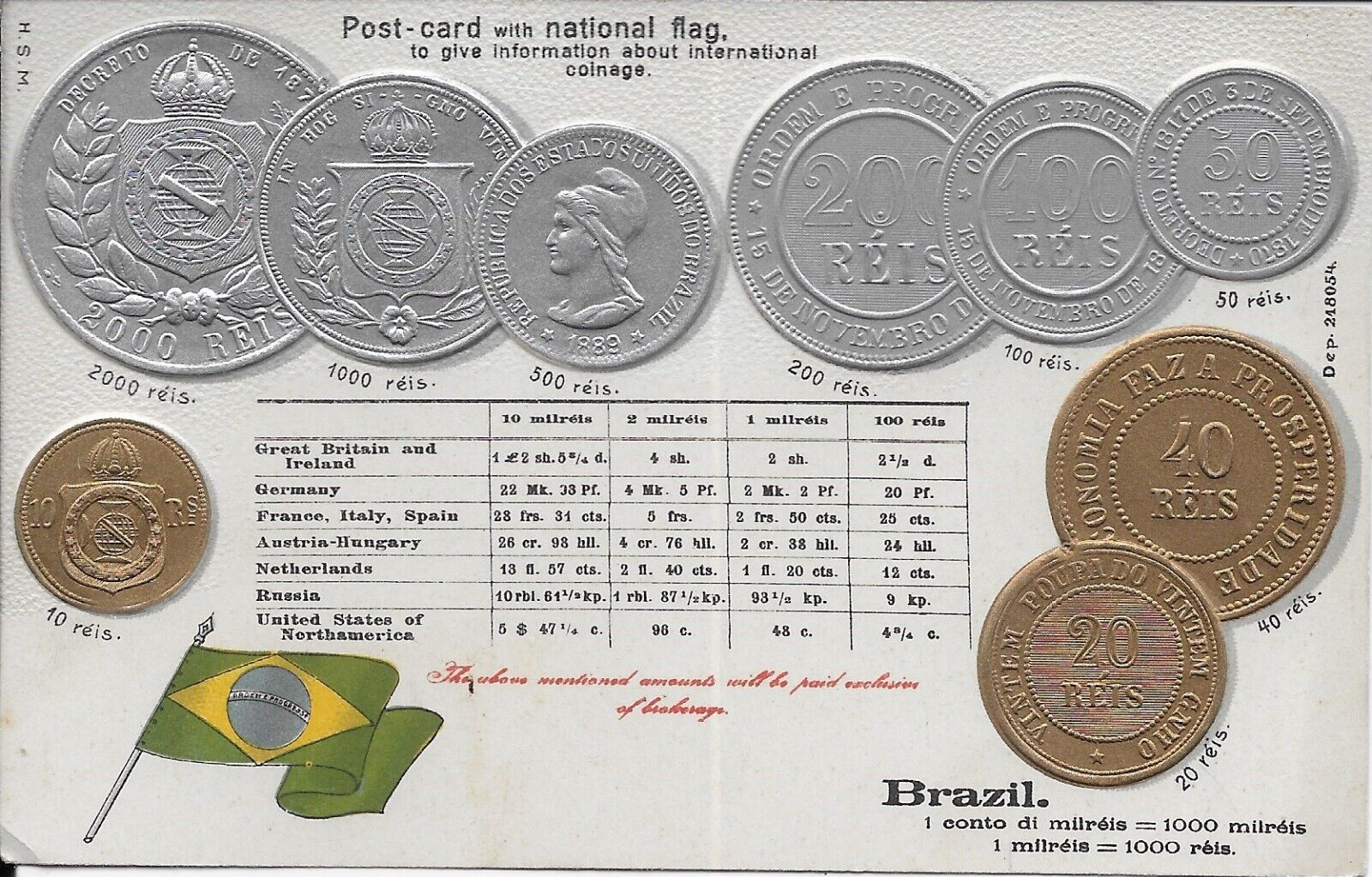 Brazil Embossed Vintage Coin and Flag Postcard not postally used