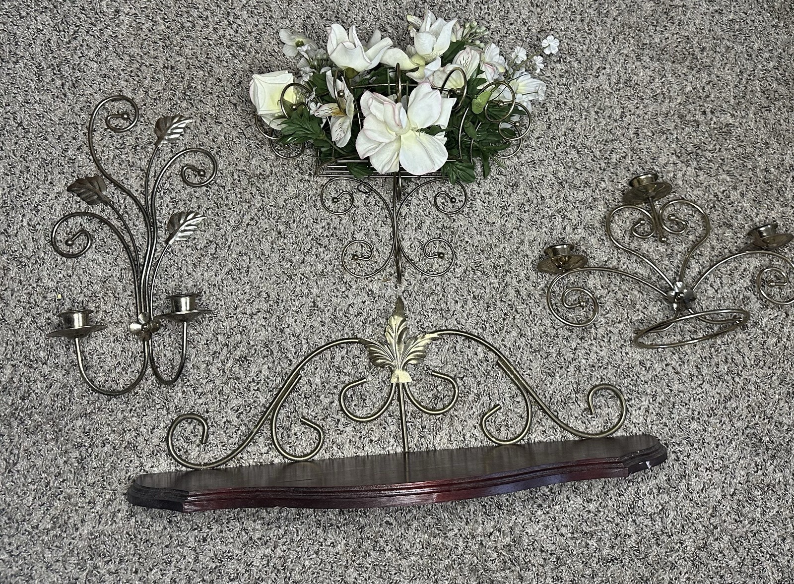 VTG Homco Home Interiors 4 Pc Lot Gold Brass Leaf Wall Shelf Sconces Planter Set