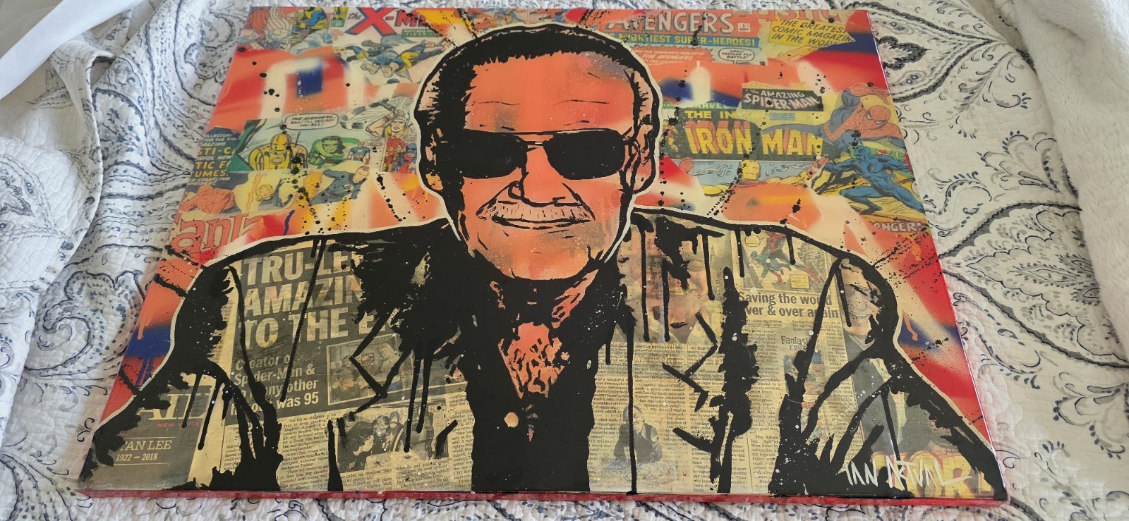 Stan Lee Painting 1of 1 With Original News Paper Articles From First Marvel Show Stan Lee Painting 1of 1 With Original News Paper Articles From First Marvel Show