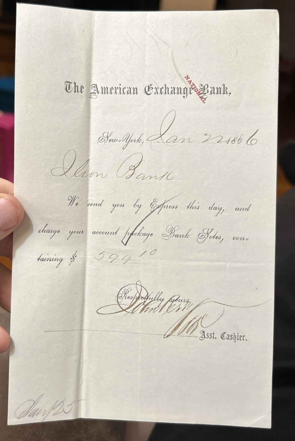 1866 Bank Receipt Ilion Bank, NY Original Civil War Era