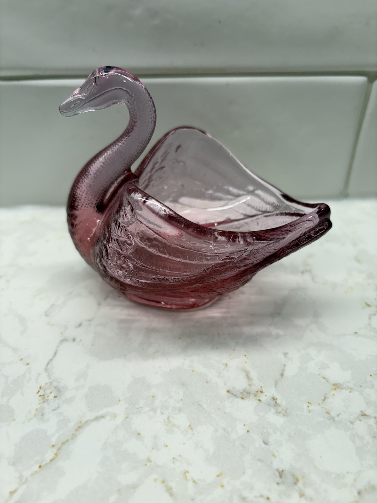 Vtg Fenton Dusty Rose Pink Glass Swan Dish - Trinket Dish Cranberry Swan