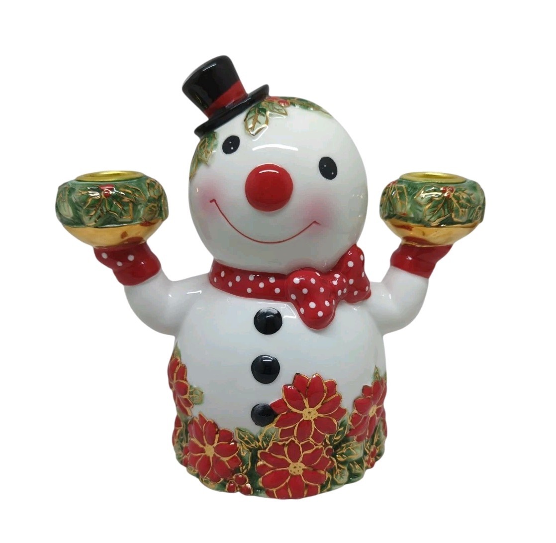 Christopher Radko Holly Dot Duo Snowman Double Arm Candle Holder w/ Poinsettia 
