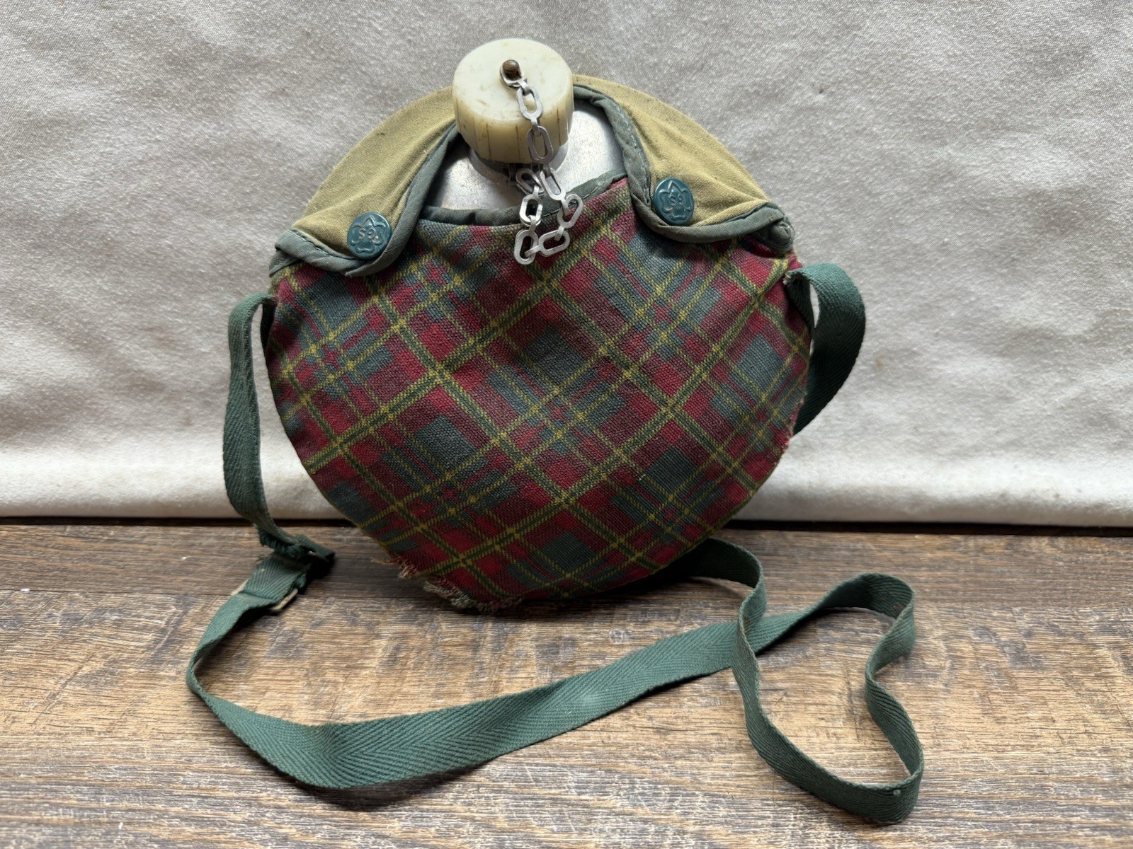 VINTAGE Girl Scouts Canteen Water Bottle w/ Plaid Cover and Shoulder Strap
