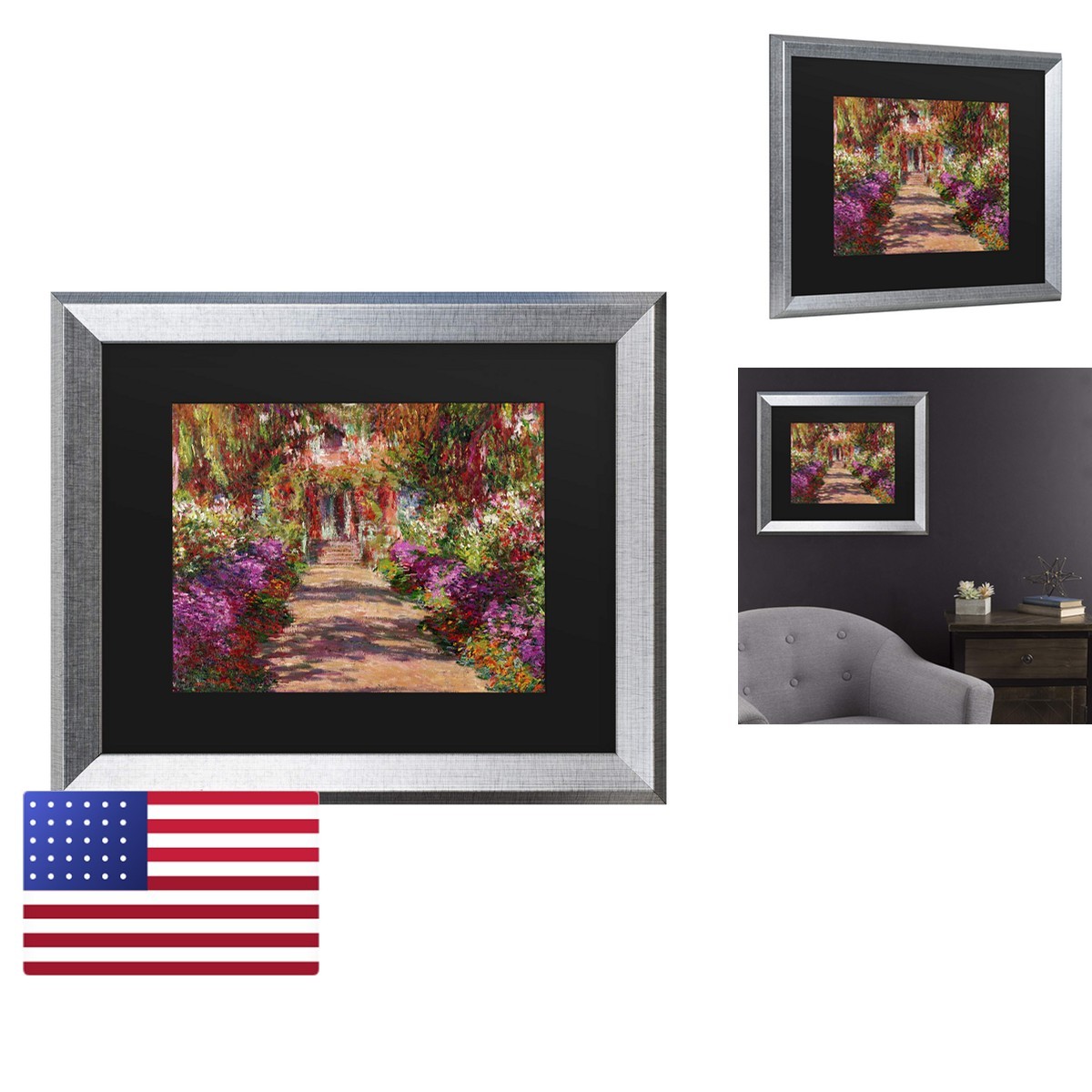 Trademark Fine Art 'A Pathway in Monets Garden' Black Matted Silver Frame 11x14