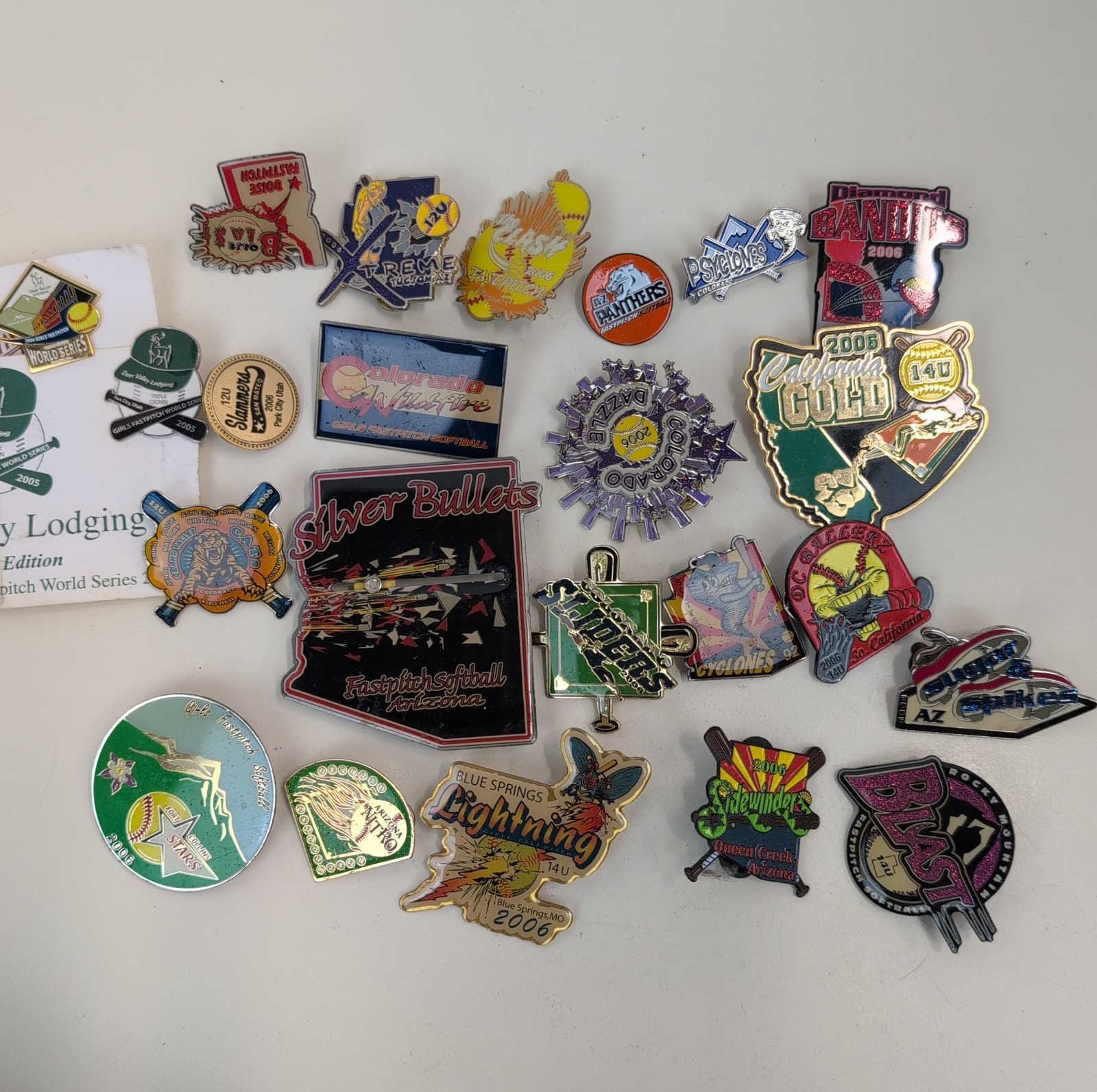 Lot of 23 Girls Fastpitch Softball Tournament Lapel Hat Pins 2005 2006 Lot of 23 Girls Fastpitch Softball Tournament Lapel Hat Pins 2005 2006