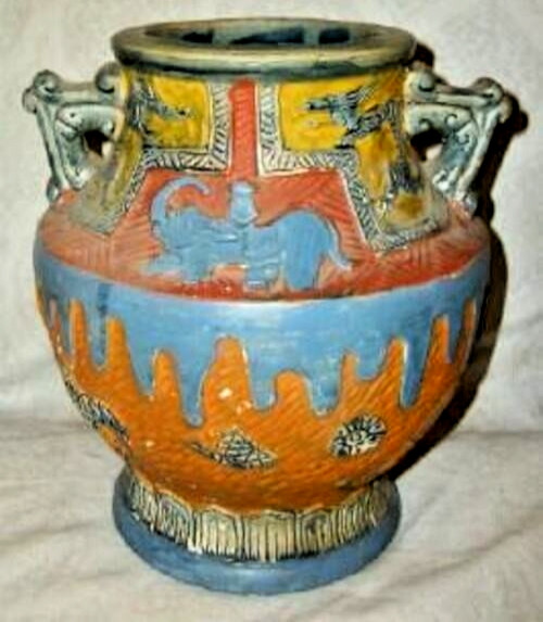 Antique Tokanabe Japanese Carved Pottery Vase Koi Fish Elephants Bold Color