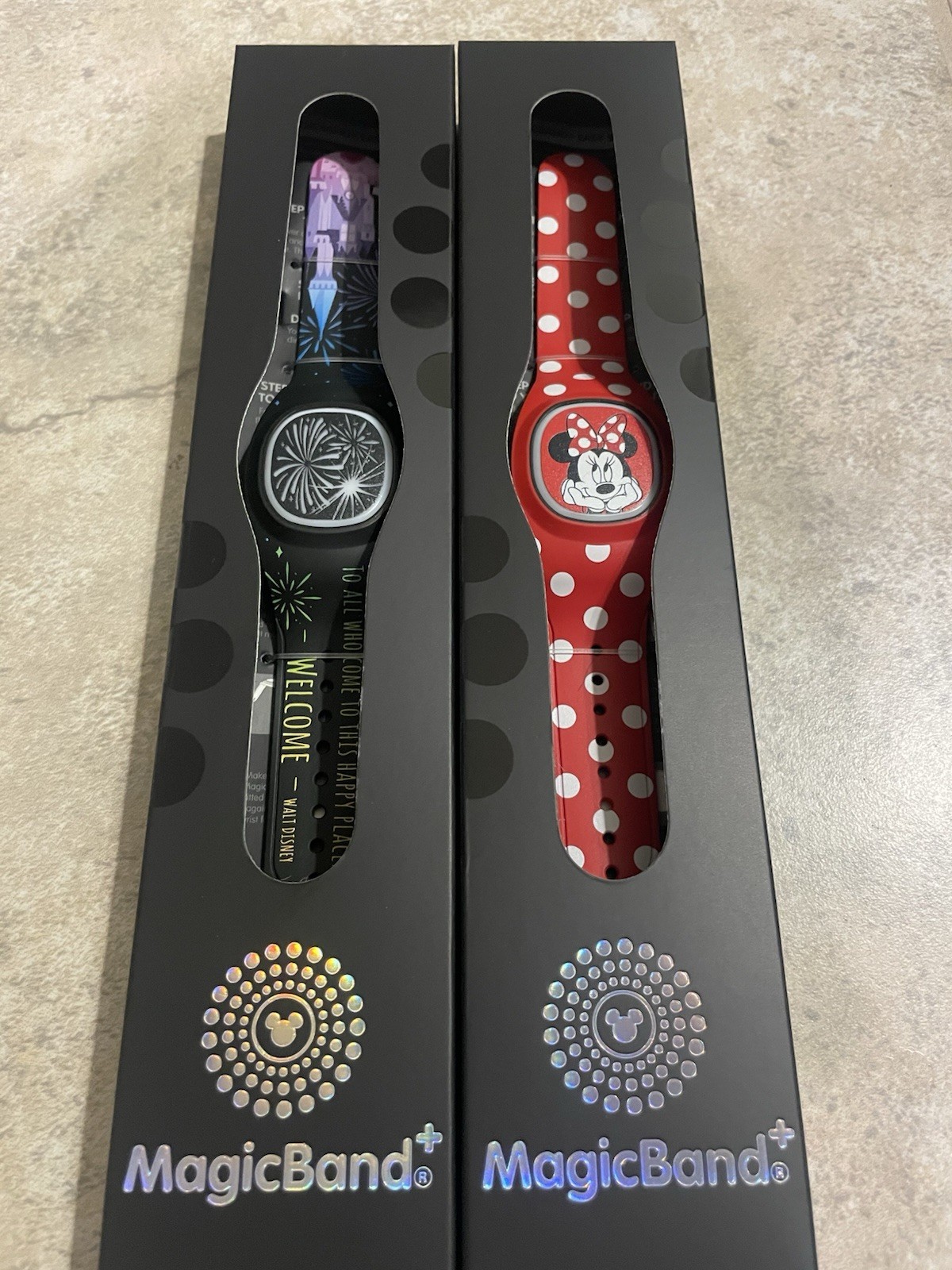 SET OF TWO Black Fireworks/Castle And Red Minnie Mouse MagicBand Plus