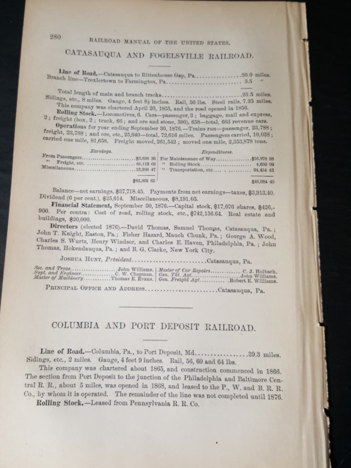 1878 original train report CATASAUQUA & FOGELSVILLE RAILROAD Rittenhouse Gap PA 