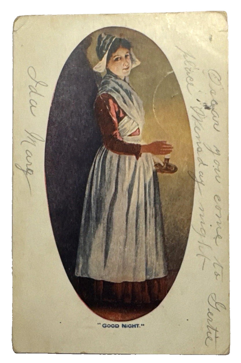 Antique Postcard Dutch Edwardian Woman Candle Good Night 1907