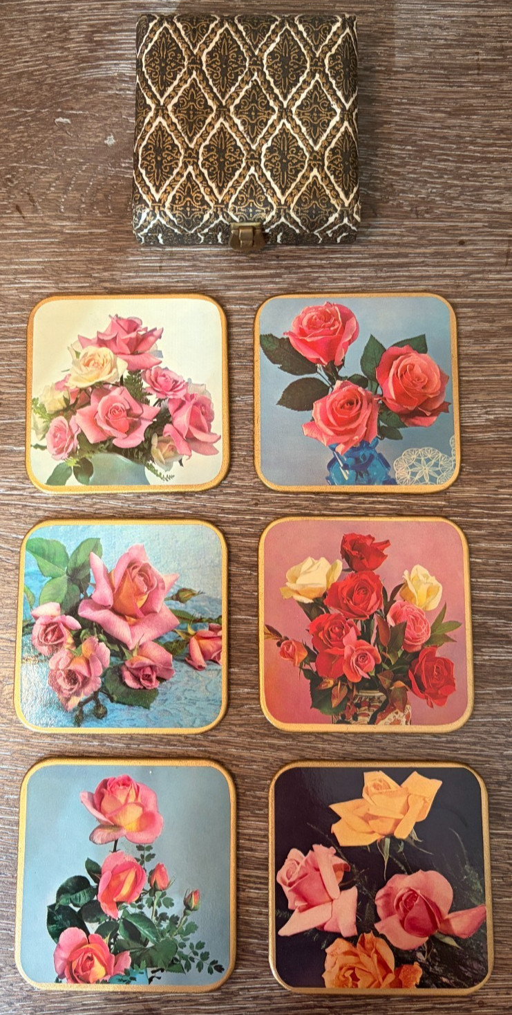 Vintage Win-El-Ware Set of 6 Roses Coasters Pristine w/ Original Case Pristine
