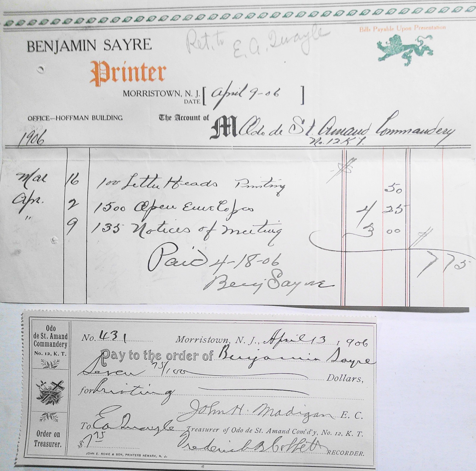 1906 Masonic Knights Templar Financial Set Benjamin Sayre  Printer Morristown NJ