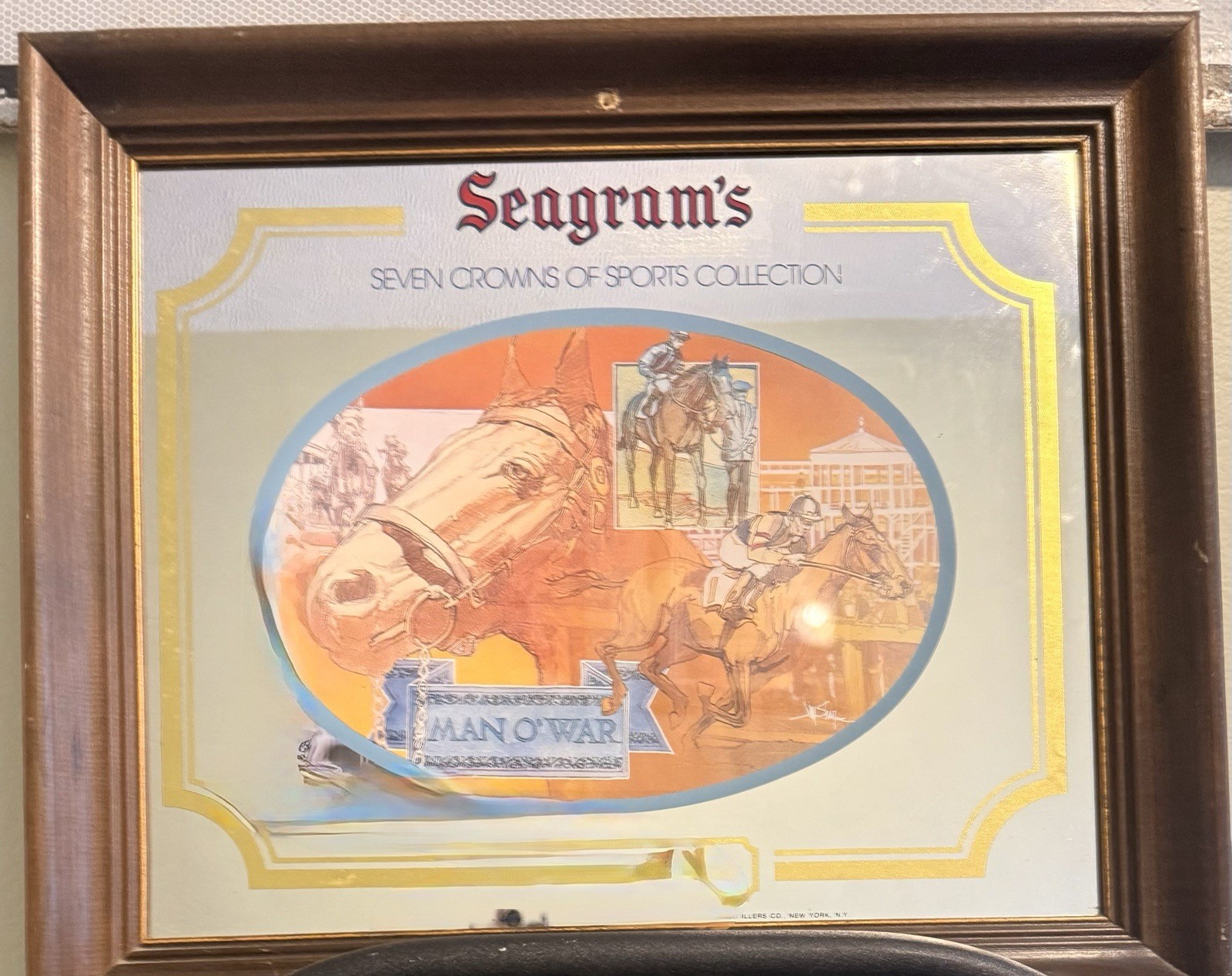 Vintage Seagram’s 7 Crown Man O’ War Horse Racing Advertising Bar Mirror