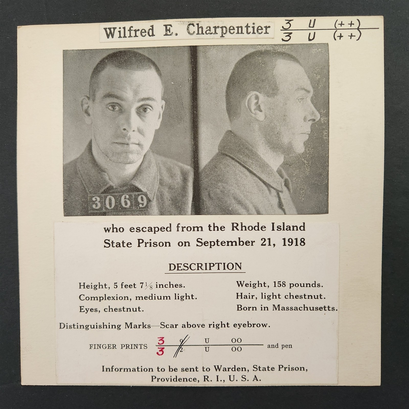 1918 antique POLICE CRIMINAL CARD providence ri WILFRED E CHARPENTIER prison esc