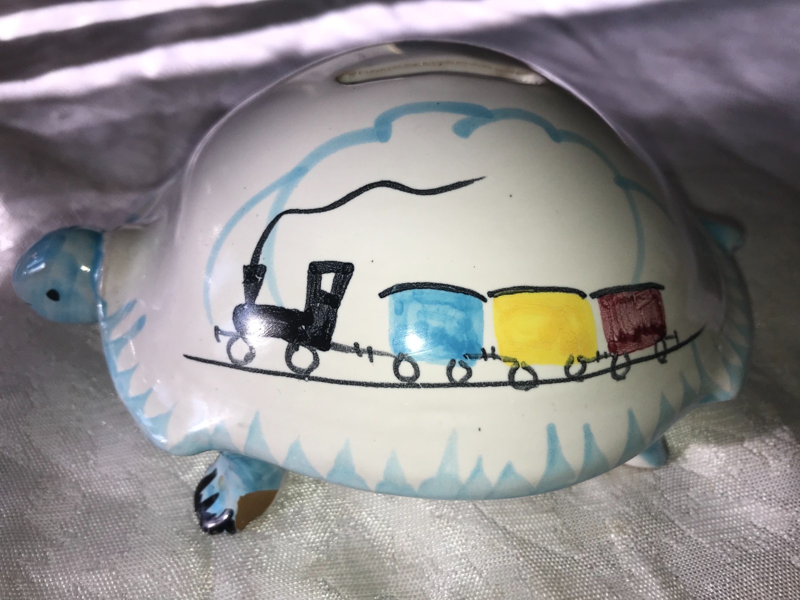 Vintage ITALY Art Pottery TURTLE Tortoise COIN BANK House TRAIN Hand Painted 6½