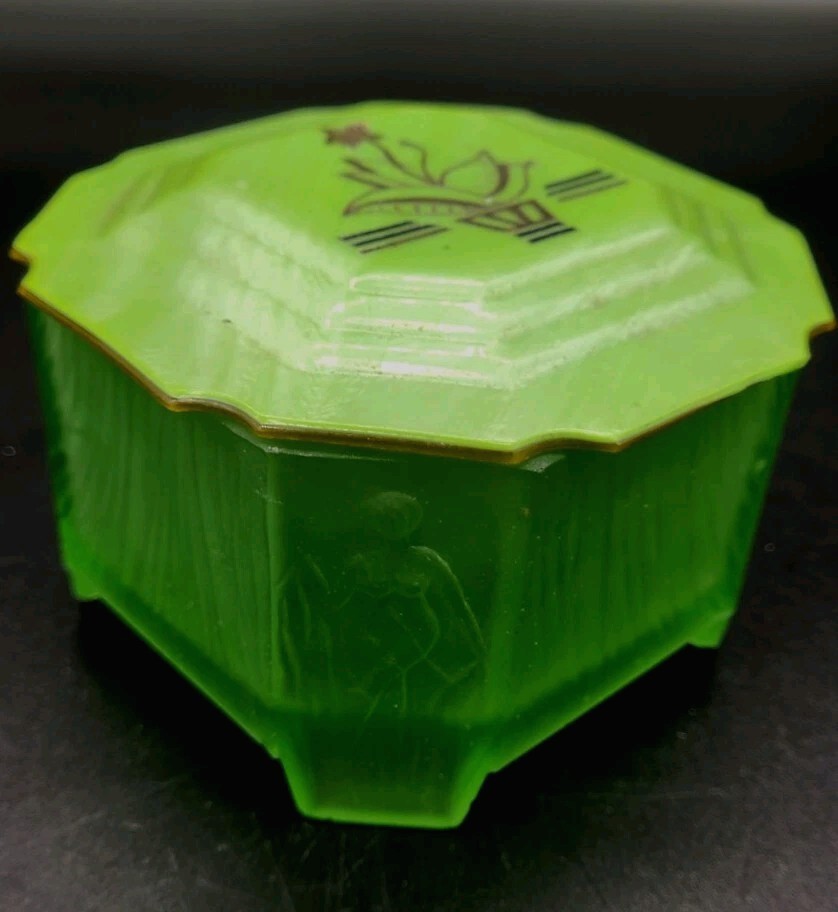 HTF 1920s Art Deco Ramses Roxana Uranium Glass Vanity Jar Nudes *UV Reactive 
