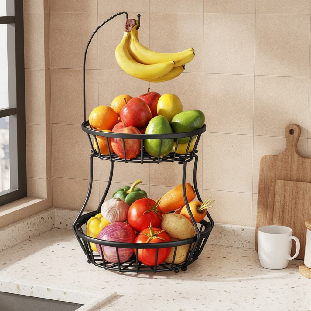 2-Tier Fruit Basket with Banana Hanger – Black Metal, Kitchen Counter Storage 2-Tier Fruit Basket with Banana Hanger – Black Metal, Kitchen Counter Storage