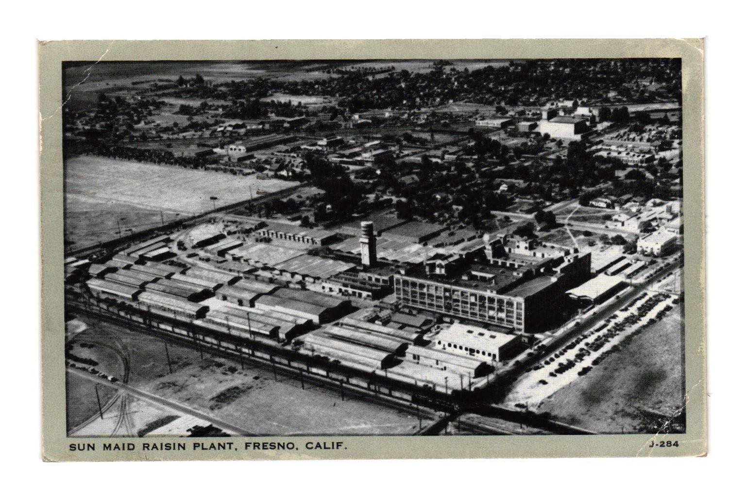 1943 Sun-Maid Raisin Plant Fresno CA Aerial View WWII Era Posted Postcard
