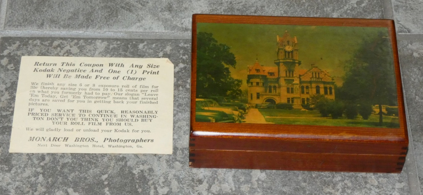 Vtg 1950s? Dovetailed Wooden Box-Wilkes Cty Courthouse Washington GA + Coupon