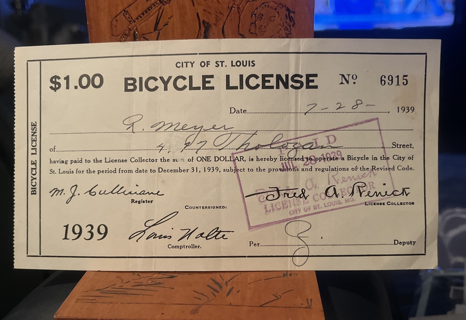 Vintage 1939 City of St. Louis Bicycle License - to Operate Bicycle WWII Era