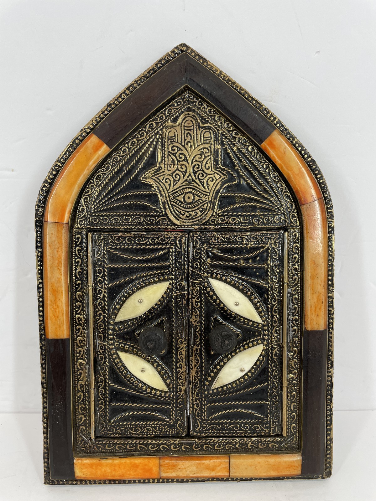 Moroccan Hamsa Hand Wood Bone & Metal Box Mirror Hangable frame doors