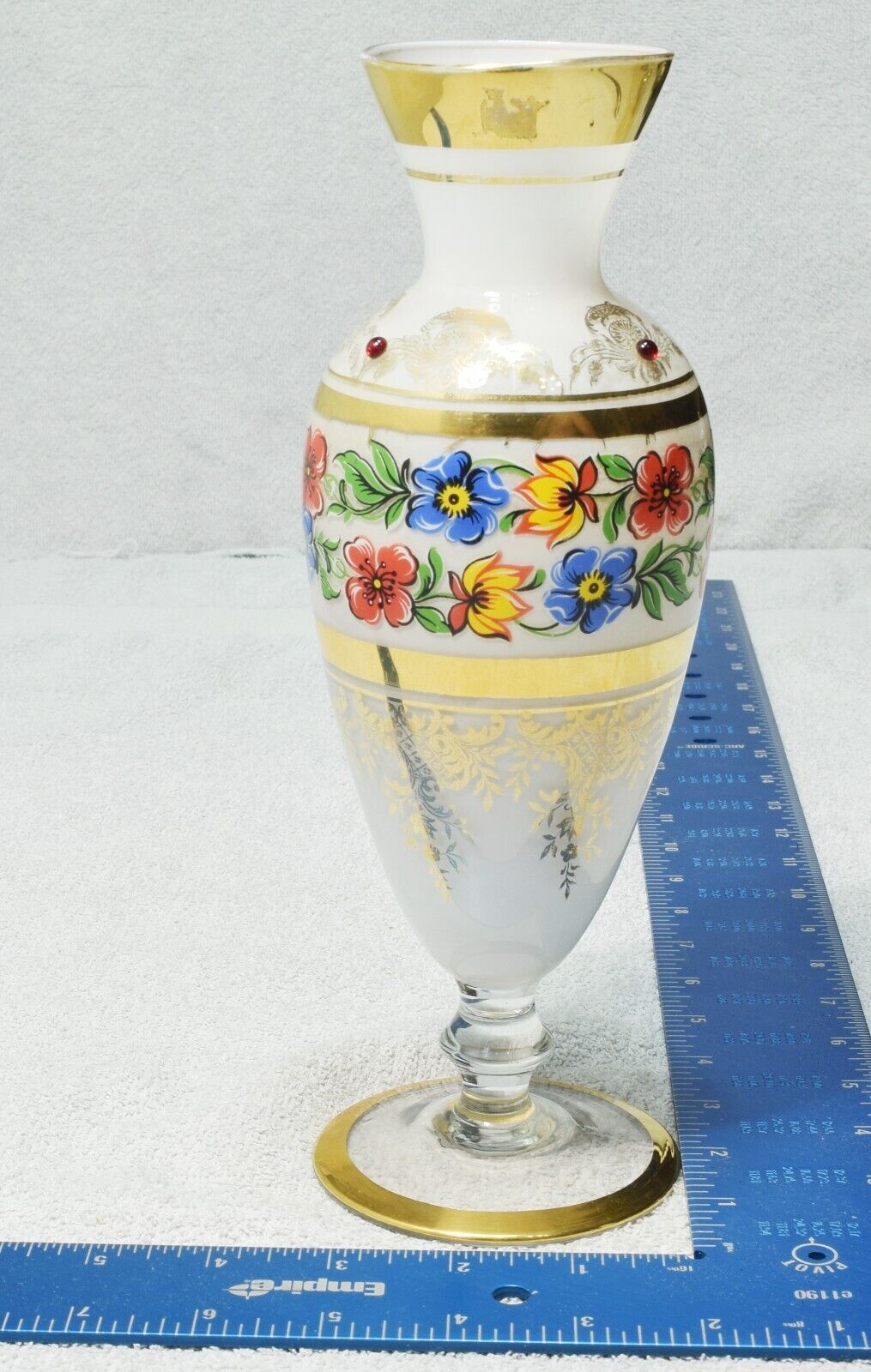 Antique White Bohemian Raise Hand Painted Flower Gold Gilt Glass Vase 9.5” Tall