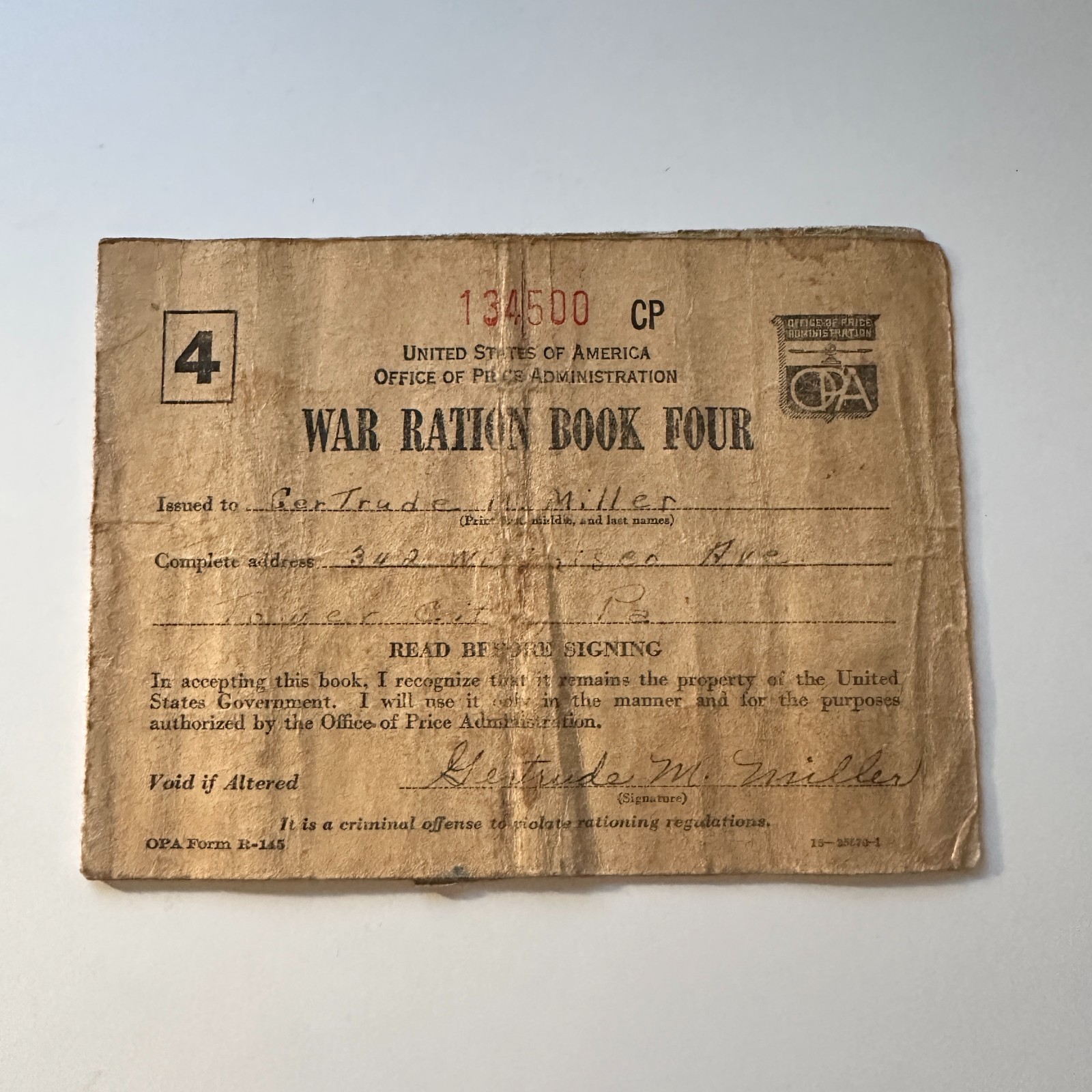 Gertrude M. Miller Book 4 1940s WWII Ration Book 4TH9-RB