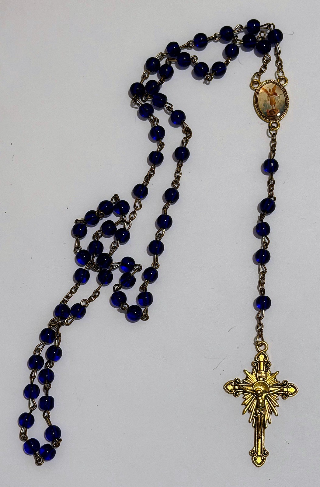 St Michael Archangel Rosary Cobalt Blue Glass Beads Gold Tone Crucifix NEW St Michael Archangel Rosary Cobalt Blue Glass Beads Gold Tone Crucifix NEW
