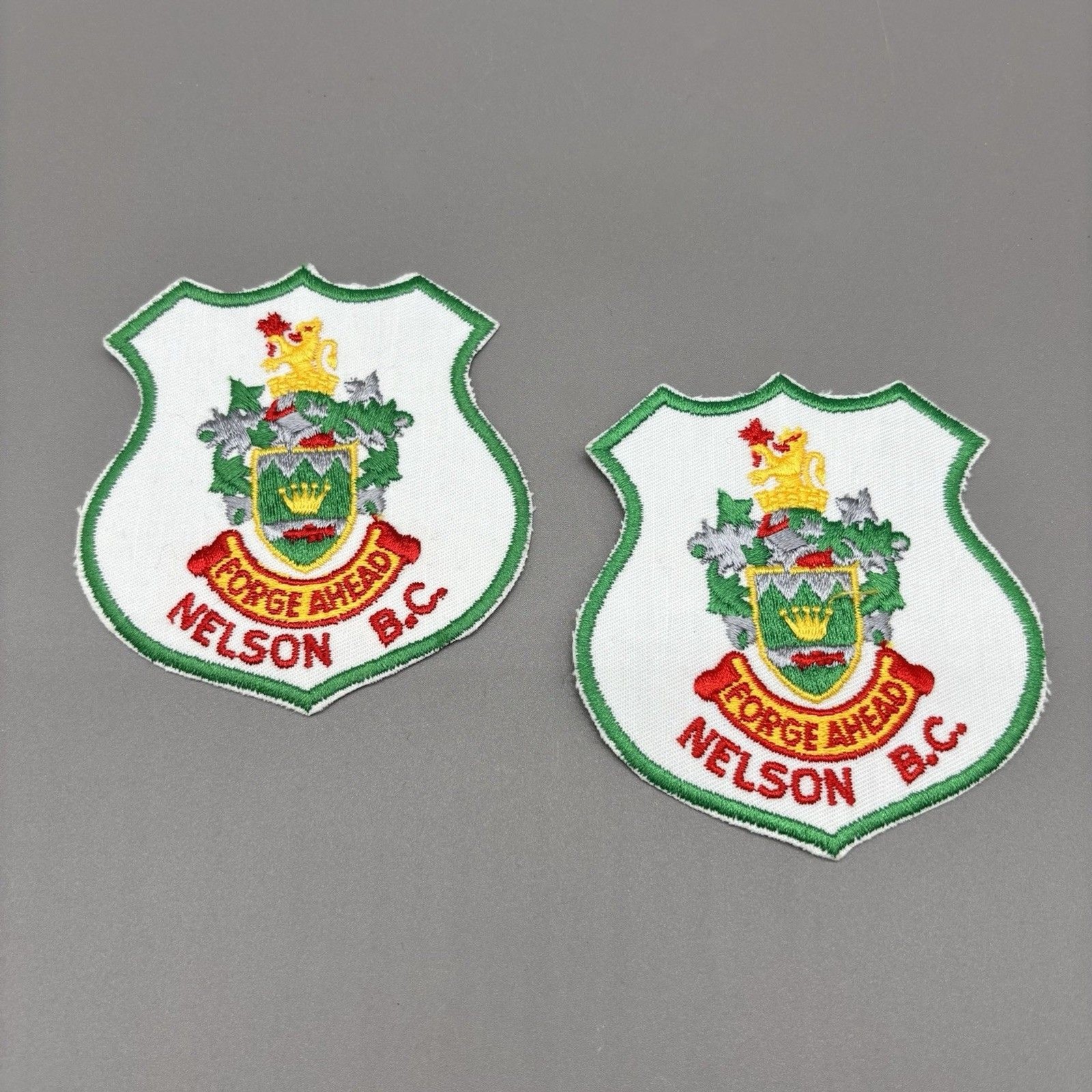 Nelson BC Canada Coat of Arms Patch Pair Vintage Embroidered Forge Ahead Crest