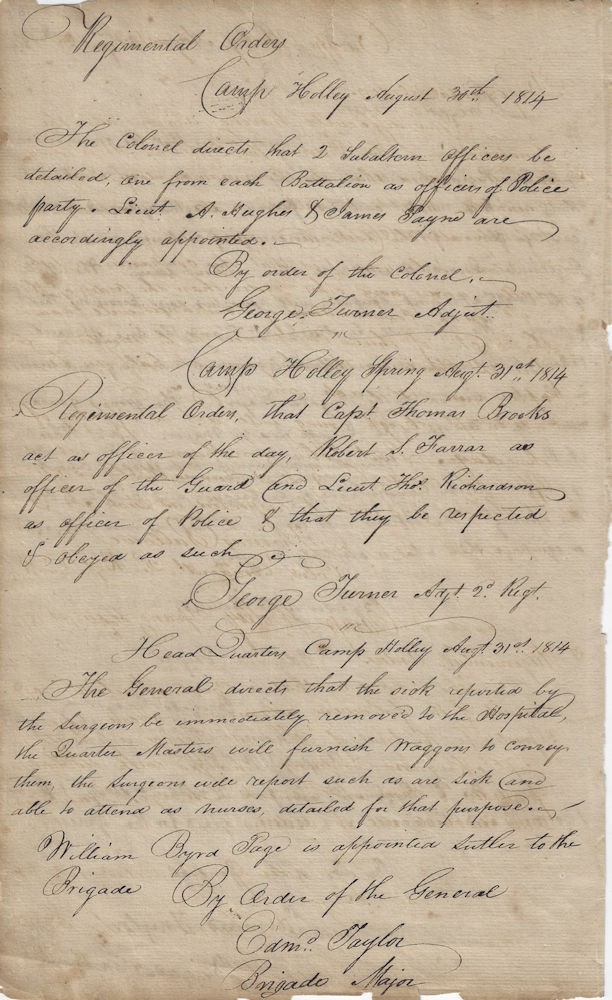1814 – Leaf from a 2nd Virginia Regiment’s orderly book while defending Richmond
