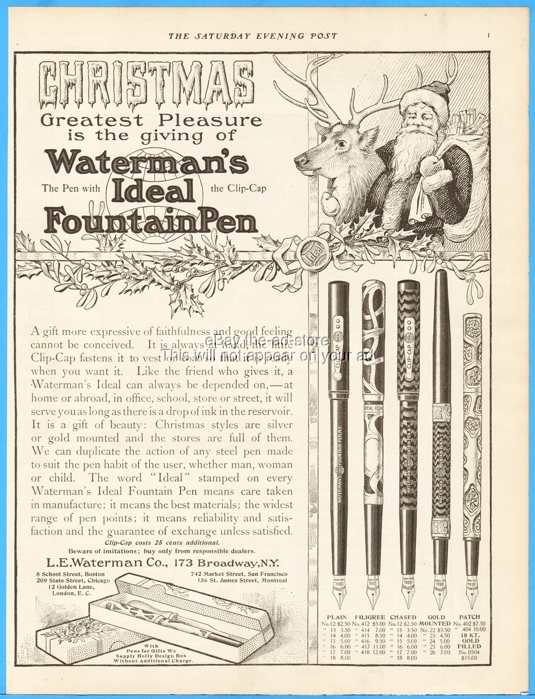 1907 Waterman's Ideal Fountain Pen Christmas Print Ad Santa Reindeer 5 Models