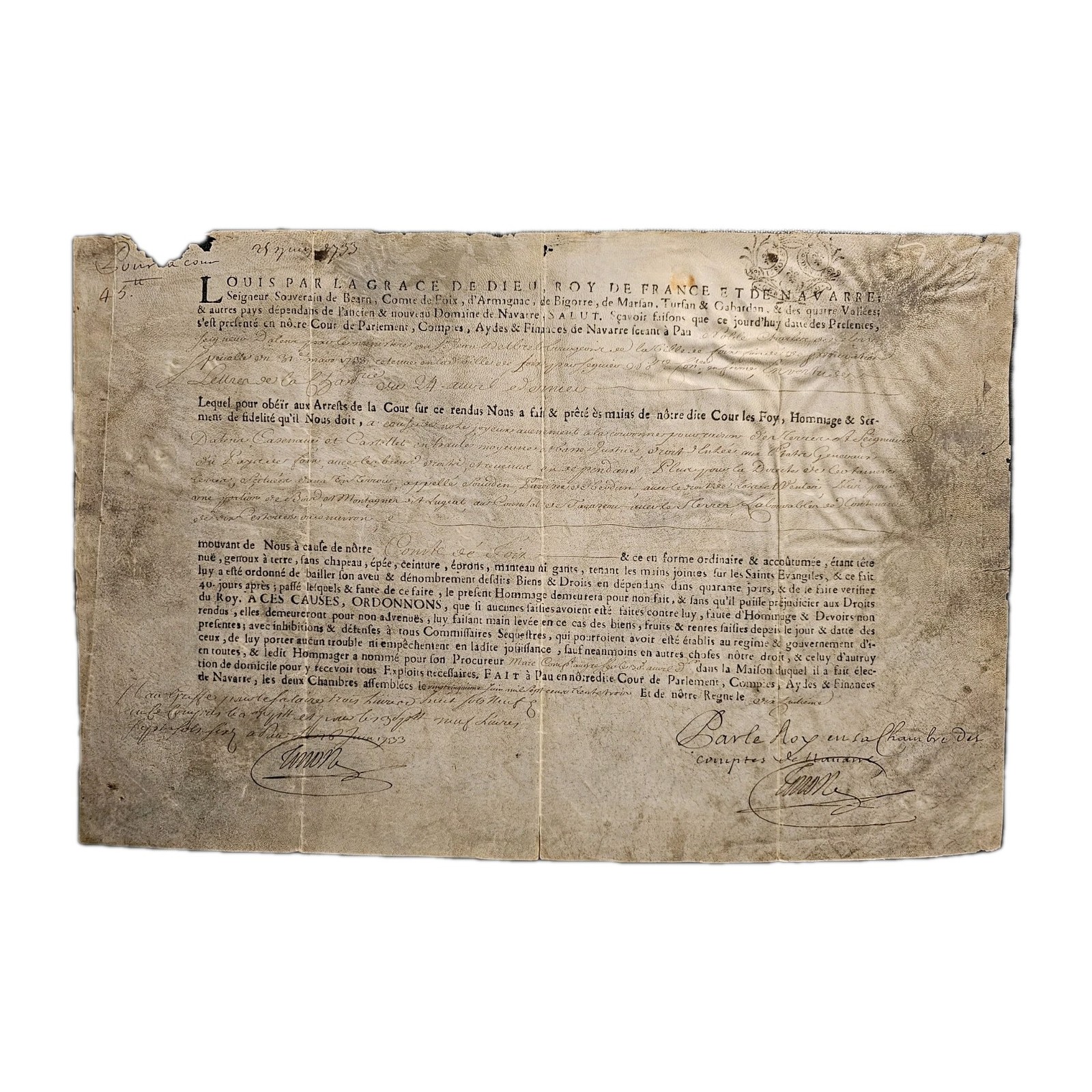 1733 Seigneur d’Oloron Homage Document, Navarre, Burgui, Soule, Signed Pau Court