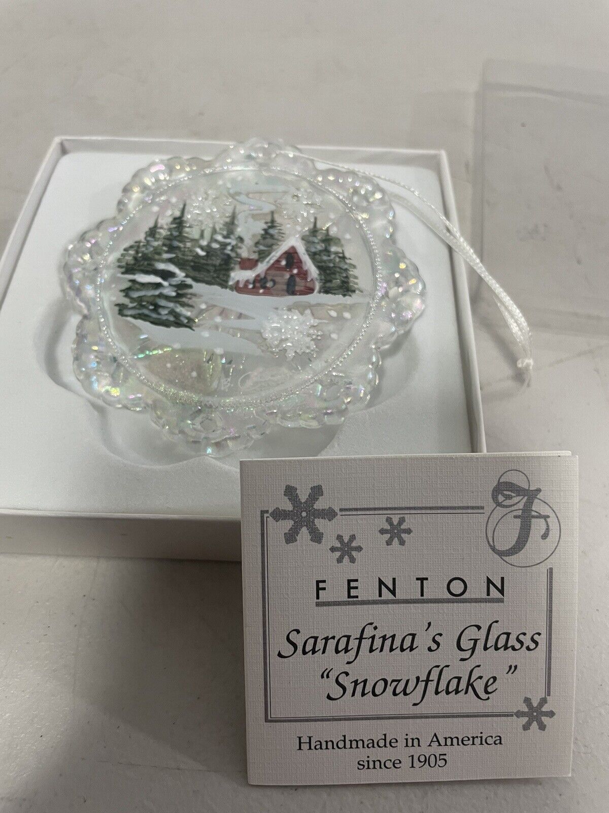 Fenton Vintage iridescent, Ornament hand painted Whiteman snowflake signed