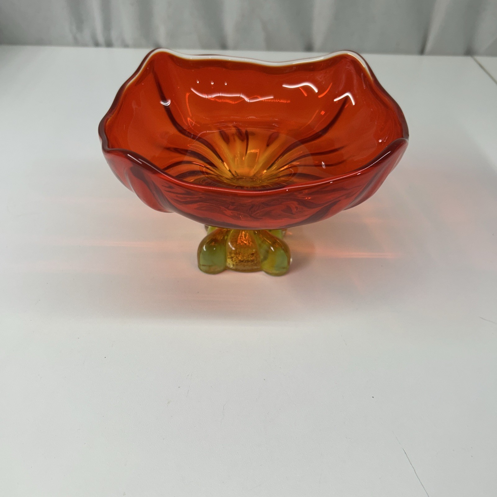 Vintage Viking Glass Epic Four Foils Square Persimmon Footed Compote Dish