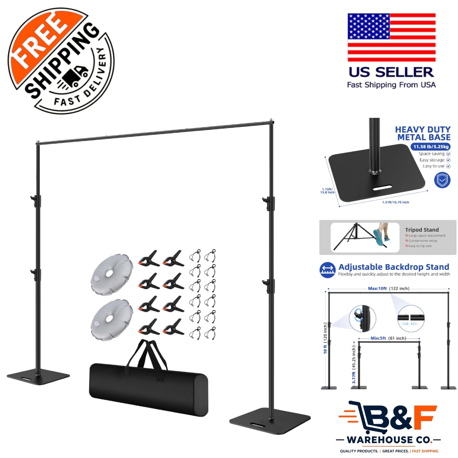 Professional-Grade 10x10ft Adjustable Backdrop Stand with Carrying Bag Included
