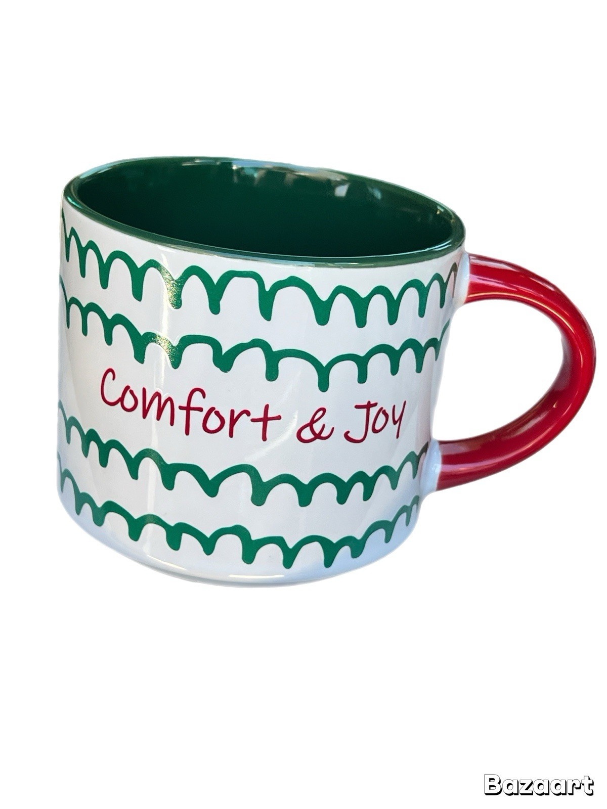 Christmas Green & Red Squiggles Squiggly Lines Mug Cup 16oz “Comfort And Joy”
