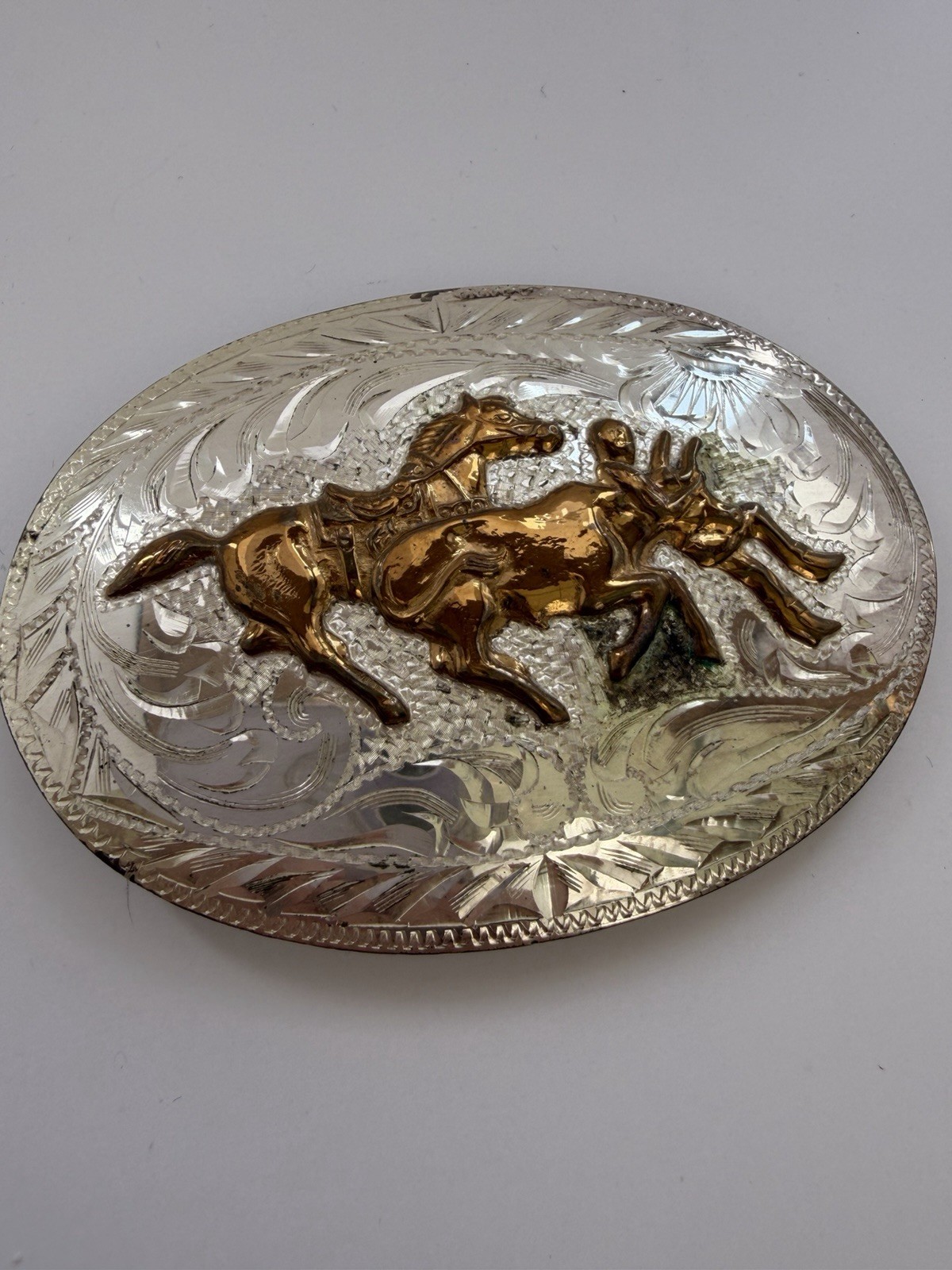 Vintage B-K Silversmiths Sterling Silver Horse Rider Belt Buckle Hand Engraved
