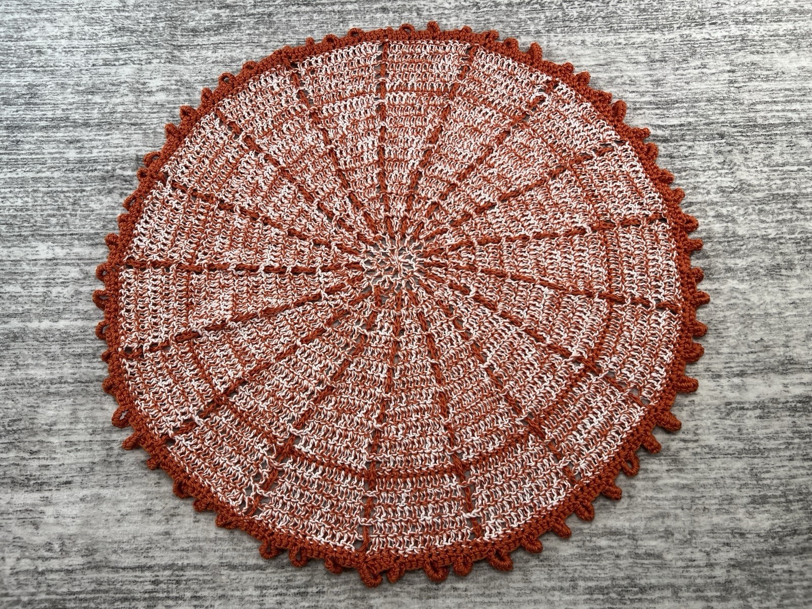 VTG Hand Crochet Doily Round Terracotta Orange White Lace Table Mat Boho 