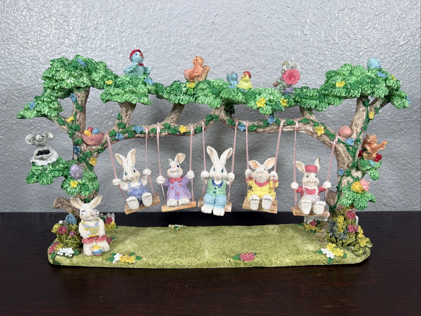 Vintage Jaimy Quintet Swinging Bunnies  Easter Village Tree Flowers Spring
