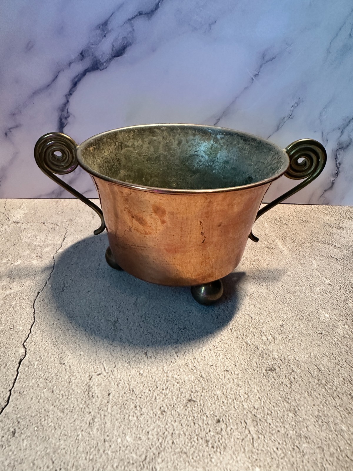 Antique Sweden Copper Tri-Footed Pot With Handles