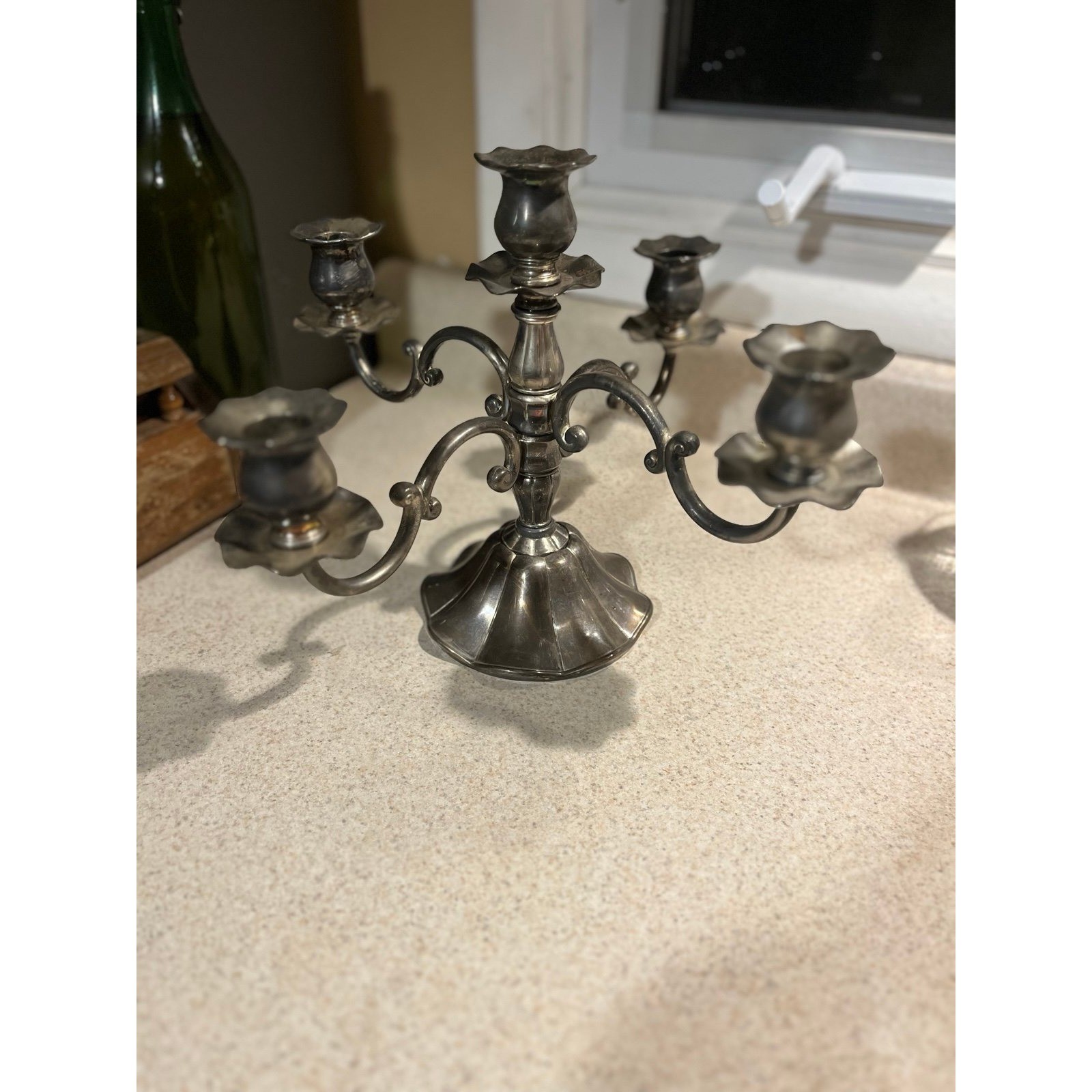 Vintage Ornate Silver Plated 5-Light Candelabras – MATCHING PAIR – 4 Scroll Arm