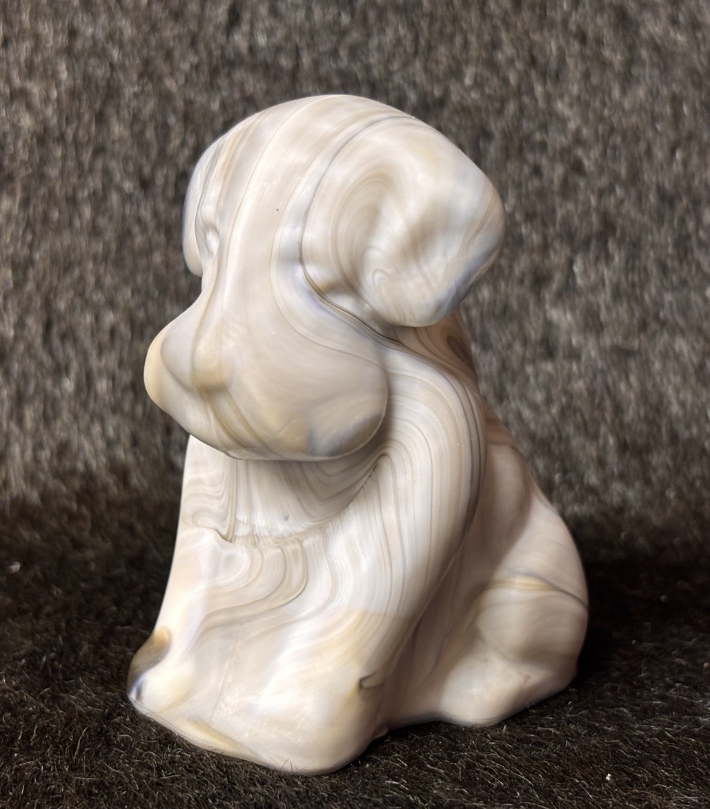 Boyd Slag Glass Dog Glass Figurine Satin Matte Finish White Gray Swirl Poochie