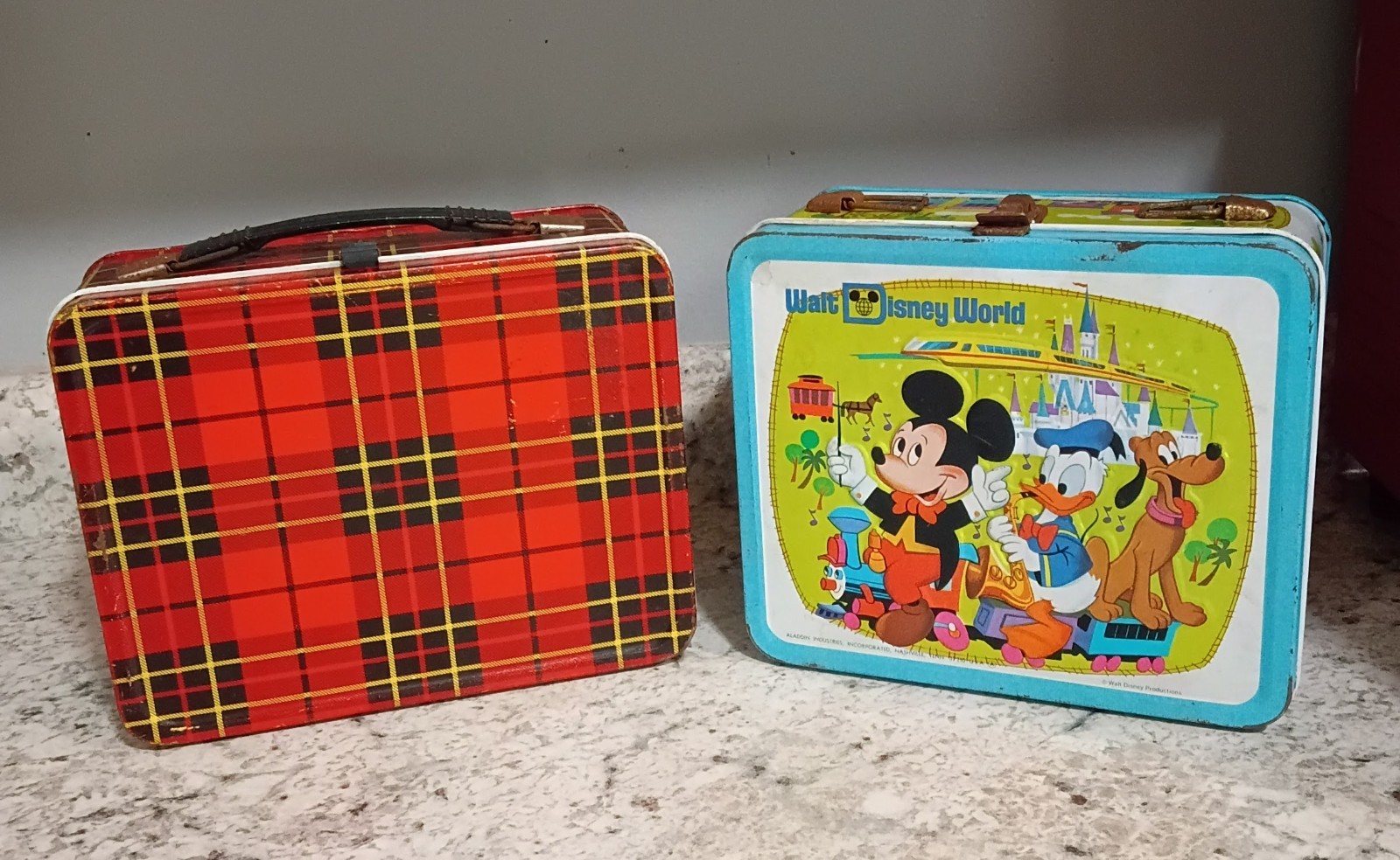 Vintage 1970s Disney World lunchbox & Vintage 1980s Tartan plaid metal lunchbox