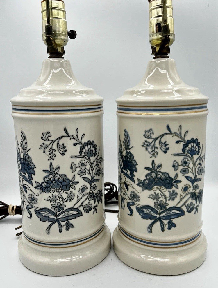 Two Vintage Apothecary 1970's Blue Floral Porcelain Lamp Country Cottage