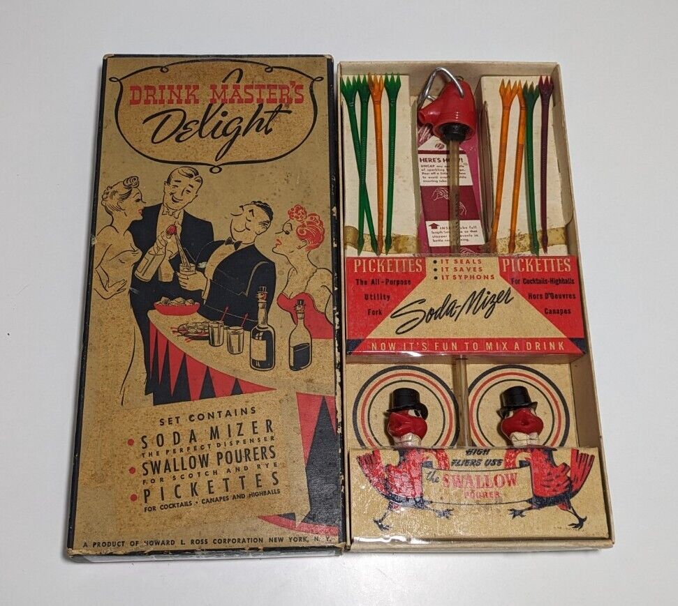 Vintage 1940s Drink Masters Delight Barware Set Swallow Pourer Soda Mizer Retro