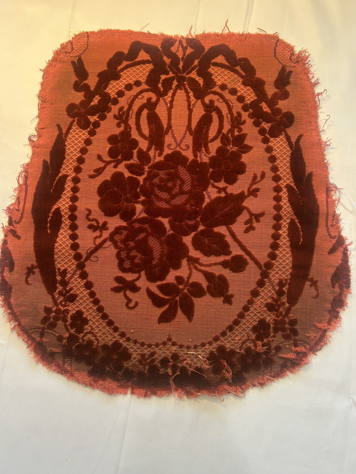 French Antique Baroque Floral Pattern Jacquard Velvet Pile Cutoff. Red. 1800’s