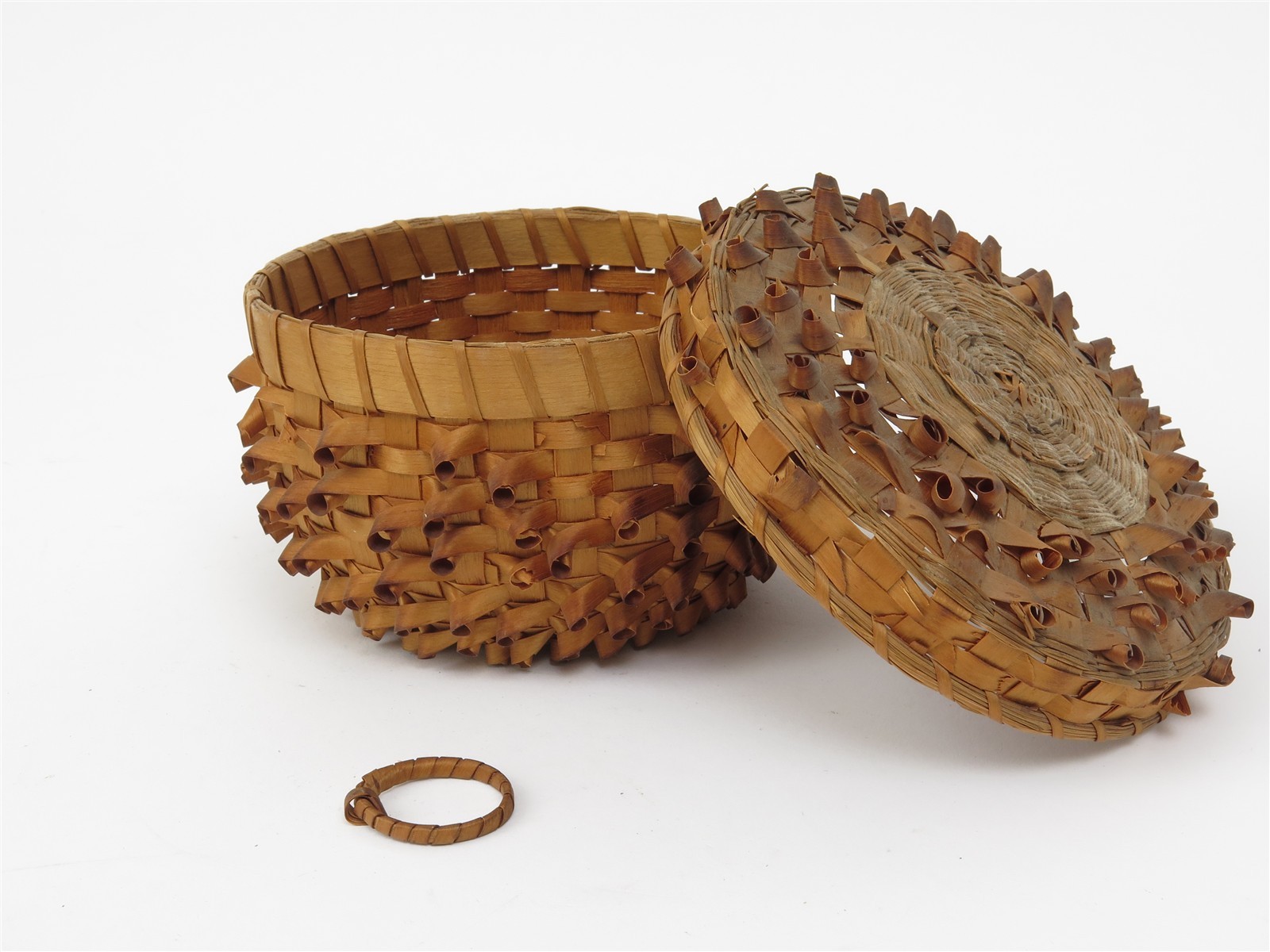 Antique Micmac Penobscot Snail Curl Porcupine Lidded Basket 5.25\