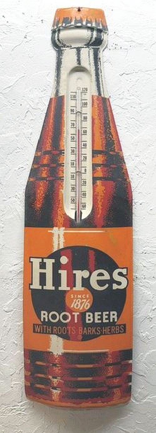 Hires Root Beer Bottle Thermometer Metal Sign.  Vintage 1950s Advertising